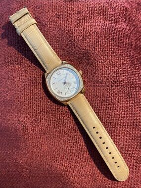 Michael Kors Beige Leather Strap Gold-Tone Crystal Watch